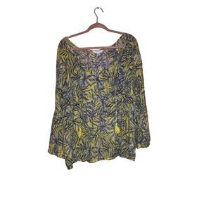 Counterparts Yellow Blue Tropical Palm Leaf Tassel Peasant Blouse XL